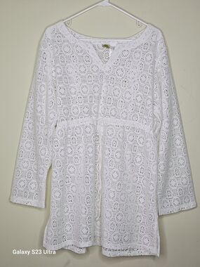 Islander White Crochet V-Neck Tunic with Drawstring Waist